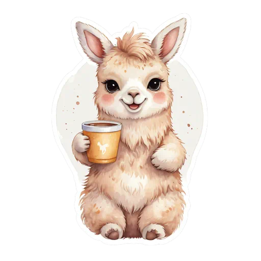 Watercolor baby llama sticker with pink cheeks holding a yellow coffee cup, soft beige fur, white background.