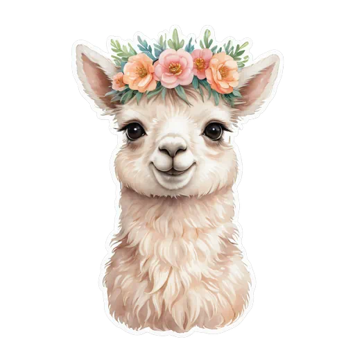 Watercolor llama sticker wearing a pink and orange floral crown with a white border for baby showers.