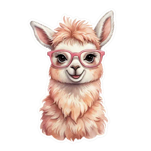 Cute fluffy pink llama wearing oversized pink glasses in a watercolor sticker style with a white border.