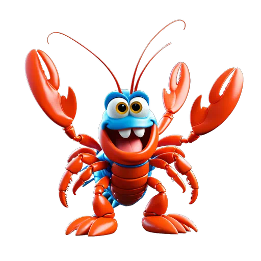 Vibrant 3D animated red and blue cartoon lobster character with friendly smile, large eyes, and raised claws.