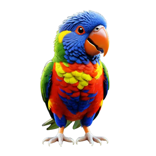 Vibrant 3D cartoon rainbow lorikeet bird with colorful blue, red, and yellow feathers isolated on white background.