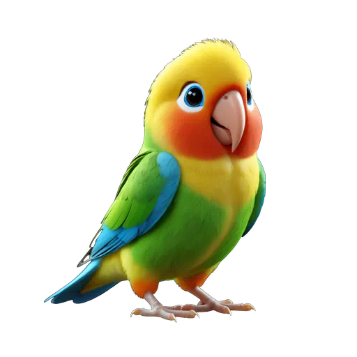 Vibrant 3D cartoon illustration of a colorful lovebird with yellow, orange, green, and blue feathers.