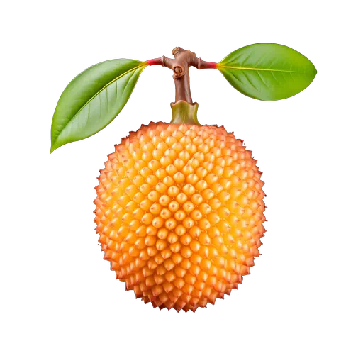 Textured orange-red lychee fruit with a brown stem and two vibrant green leaves, isolated on white.