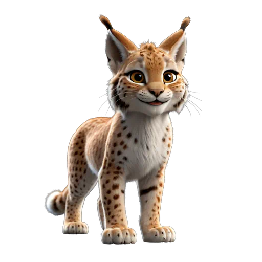 Cute 3D animated lynx cub with tan spotted fur, tufted ears, and a friendly smile, digital illustration.