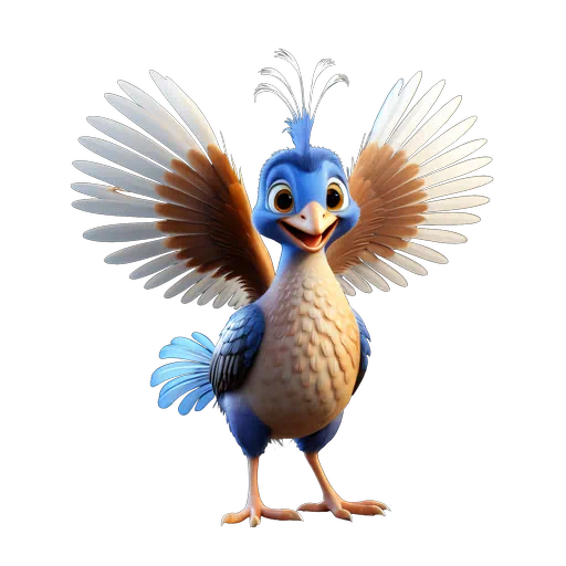 Cute 3D cartoon blue and tan lyrebird character with spread wings and a crest in a cheerful pose.