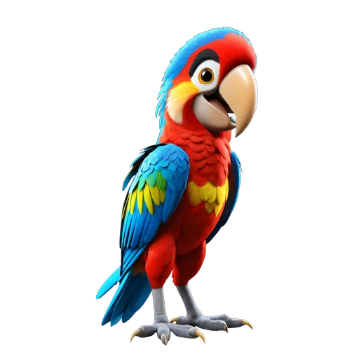 Colorful 3D animated red macaw parrot with blue and yellow wings standing on a white background.