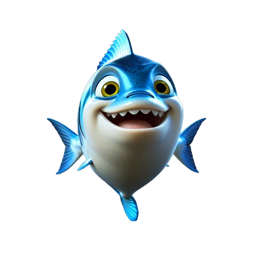 3D animated blue mackerel fish with large yellow eyes and a big smile, showing sharp teeth.
