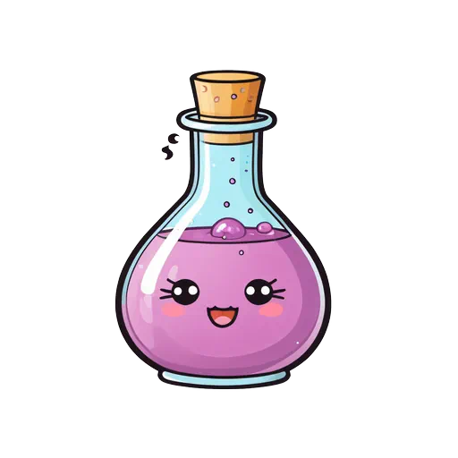 Kawaii purple magic potion flask with a smiling face and cork stopper in a cartoon sticker style.
