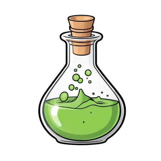 Cartoon style glass flask filled with bubbling green liquid and sealed with a tan cork stopper.