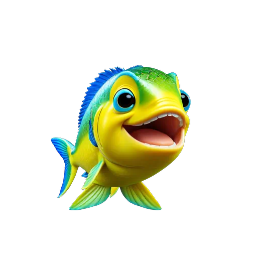 Vibrant 3D cartoon mahi fish character with green, yellow, and blue scales, smiling with an open mouth.