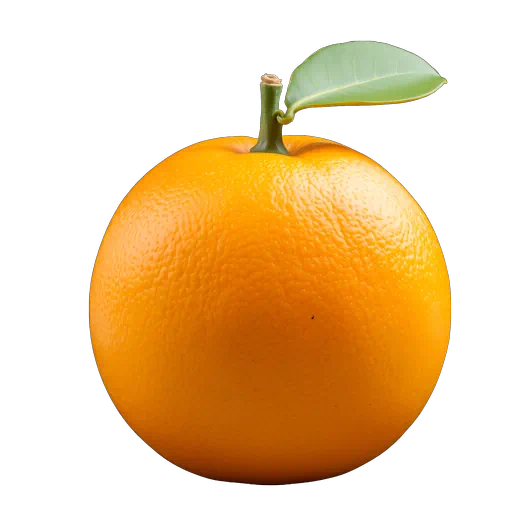 A fresh, vibrant orange mandarin fruit with textured peel and a single green leaf on a white background.