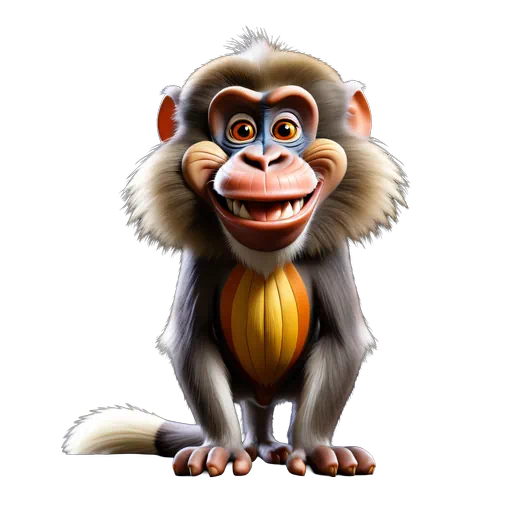 Stylized 3D cartoon mandrill character with a friendly smile, vibrant orange chest, and fluffy grey and white fur.