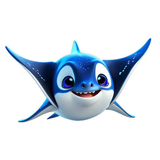Cute 3D animated blue and white manta ray character with large eyes and a friendly smile.