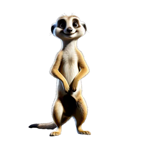 3D animated smiling meerkat standing upright with tan and cream fur against a white background.