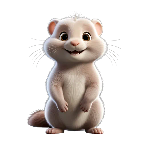 Adorable 3D animated white mink character with soft cream fur and a friendly smile, digital illustration style.