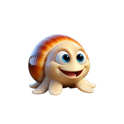 Friendly 3D animated sea mollusk featuring an orange striped shell, cream body, and large blue eyes.
