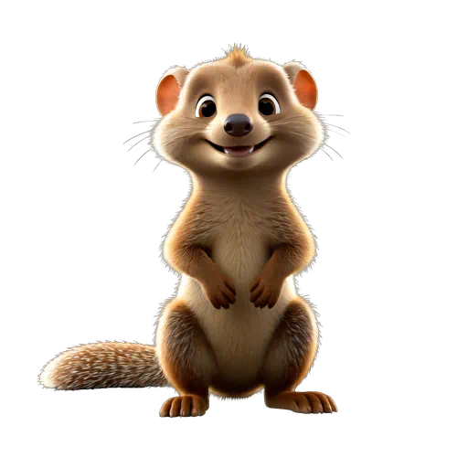 Friendly 3D cartoon mongoose standing upright, featuring light brown and tan fur with a cheerful expression.