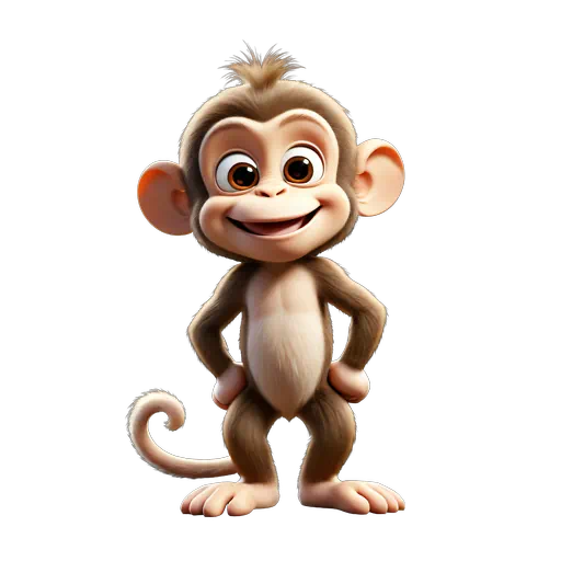 Cute 3D animated monkey with brown fur and a tan face, smiling with hands on its hips.