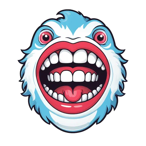 A cartoon blue furry monster with a large open mouth, white teeth, red lips, and pink eyes.