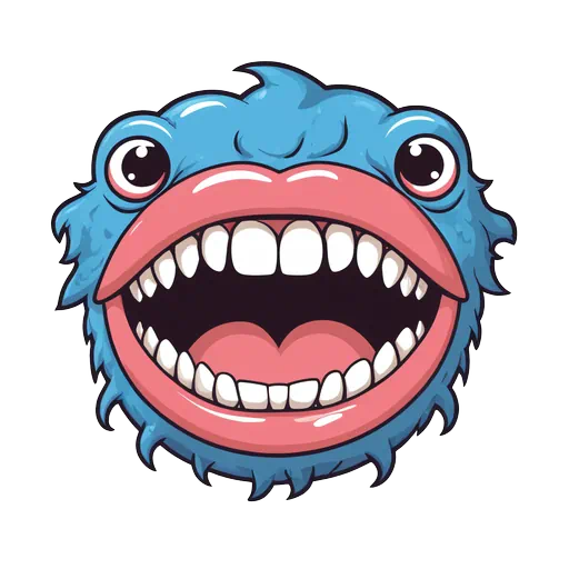Cartoon blue fuzzy monster with a large open mouth, white teeth, and pink lips on a white background.