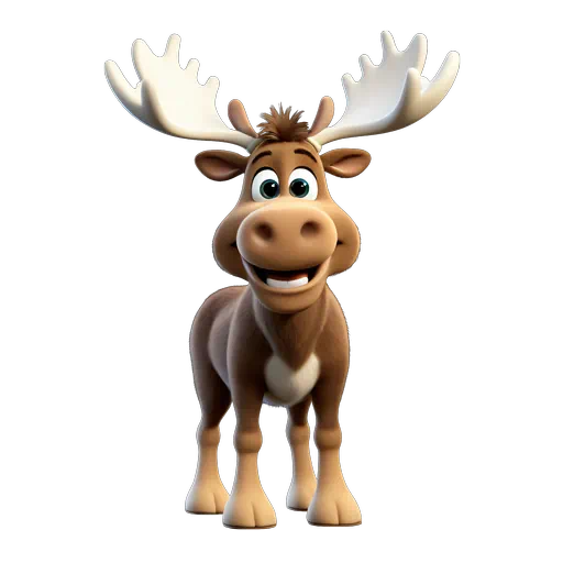 Friendly brown cartoon moose with large white antlers and big eyes in a 3D animated style.