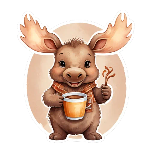 Cute watercolor baby moose wearing a plaid scarf holding a steaming coffee mug on a warm circular background.