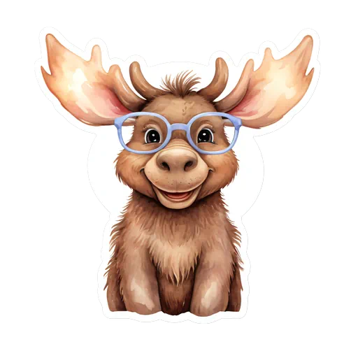 Watercolor baby moose with large antlers wearing round blue glasses in a sticker style on white background.