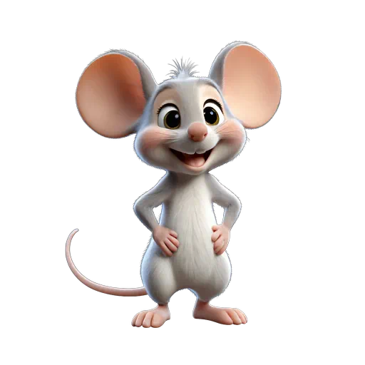 Cute 3D animated white mouse with large pink ears and a friendly smile, Pixar-style digital character illustration.
