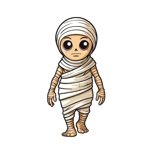 A cute cartoon mummy with big dark eyes and white bandages walking forward on a white background.