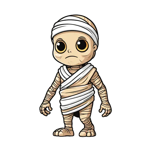 Cute cartoon baby mummy with large eyes and white bandages in a chibi style on white background.