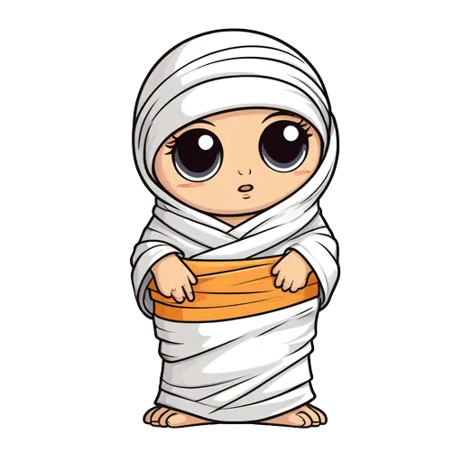 Cute chibi mummy with large expressive eyes wrapped in white bandages and an orange sash sticker style.