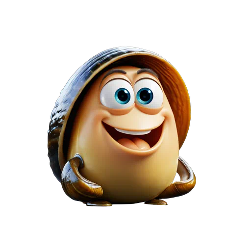 3D animated tan mussel character with big blue eyes, a happy smile, and a textured dark brown shell.