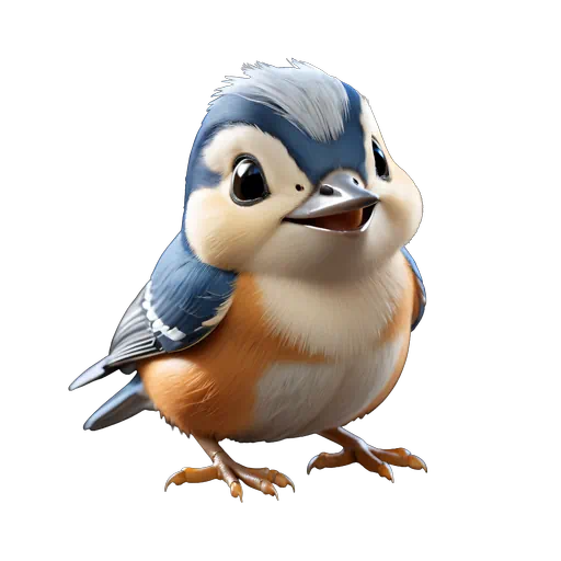 Cute 3D stylized nuthatch bird illustration with blue wings, orange belly, and large eyes on a white background.