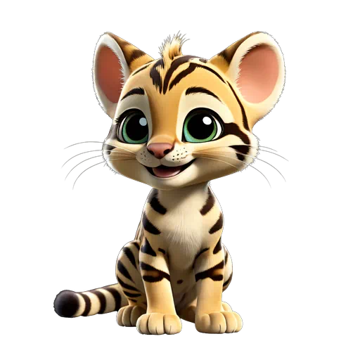Adorable 3D cartoon ocelot cub with gold fur, black stripes, and large green eyes in a sitting pose.