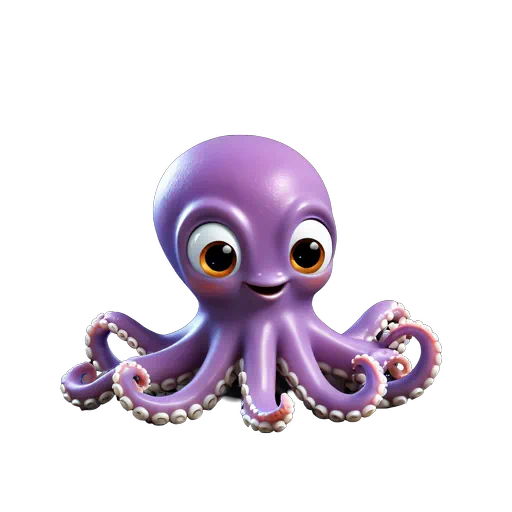 Cute purple 3D animated octopus character with large expressive eyes and pink suckers, sea life illustration.