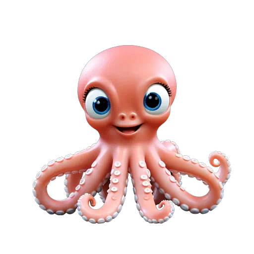 Cute pink 3D cartoon octopus with large blue eyes and white suckers on tentacles, sea life character.