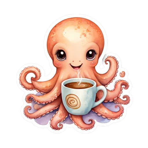 Watercolor peach octopus with big eyes holding a steaming blue coffee mug with a white sticker border.