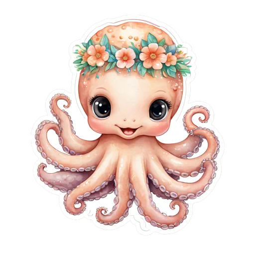 Watercolor illustration of a cute peach octopus wearing a green and pink floral crown with big dark eyes.
