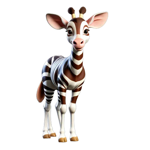 Cute 3D cartoon okapi illustration with brown and white zebra-like stripes and large ears.