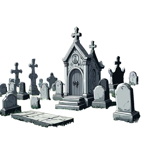 Cartoon graveyard with a central grey crypt mausoleum and tombstones on green grass in vector style.