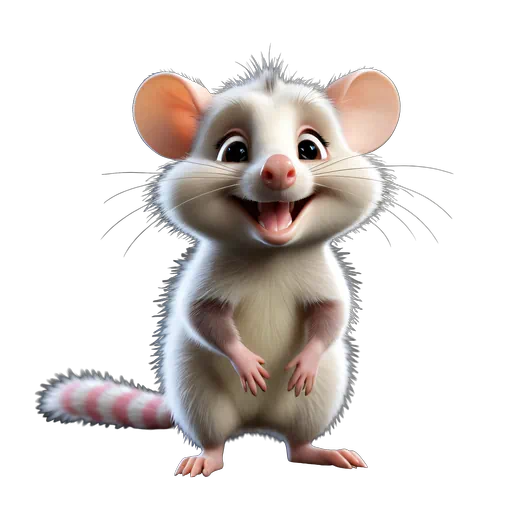 Cute 3D animated white baby opossum with pink nose, large ears, and striped tail on a dark background.