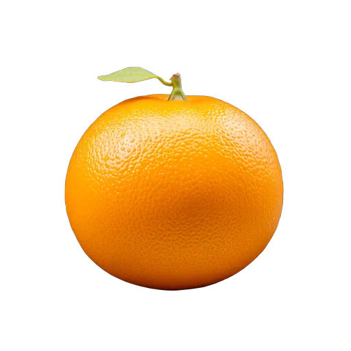 Vibrant fresh whole orange with textured peel and a small green leaf, isolated on a white background.