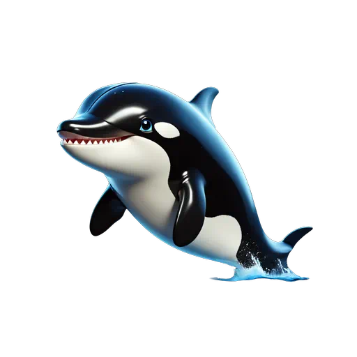 Glossy 3D cartoon orca whale jumping from water, black and white sea life character illustration.