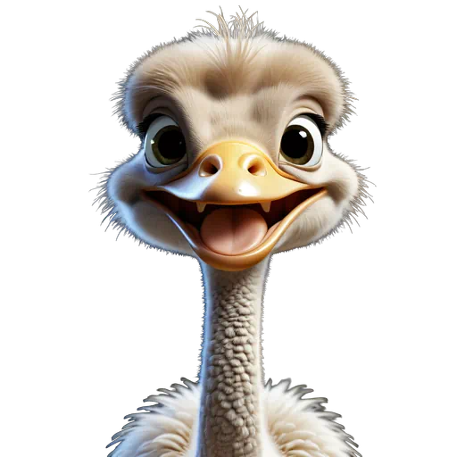 Cute 3D animated ostrich with fluffy cream feathers, a wide smile, yellow beak, and expressive brown eyes.