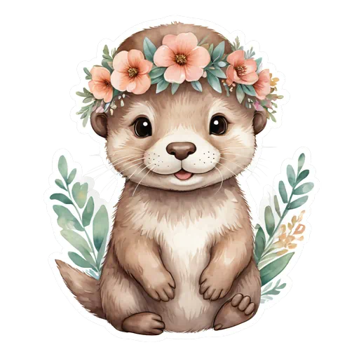 Watercolor baby otter wearing a pink floral crown with green leaves, cute illustrative style on white background.