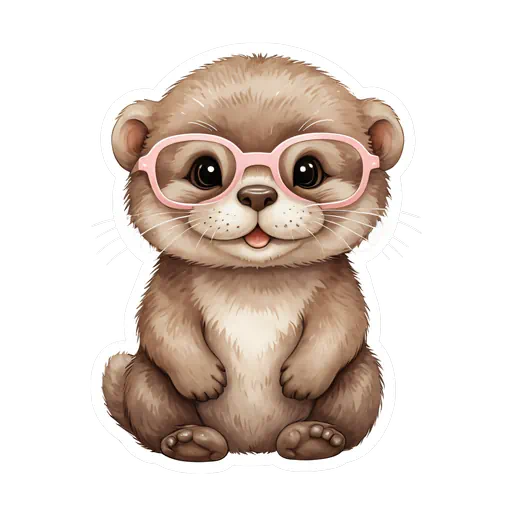 Cute illustrated baby otter wearing large pink glasses in a sticker style with a white border.