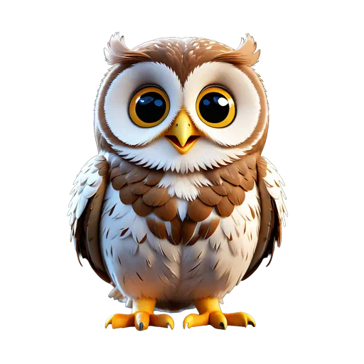 Cute cartoon owl illustration with brown and white feathers, large golden eyes, and yellow beak.