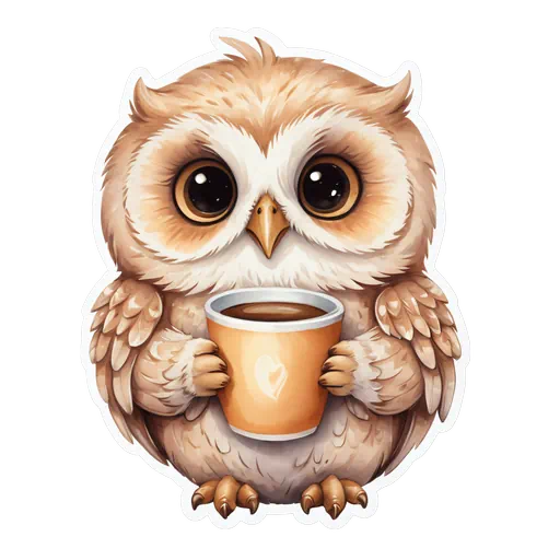 Cute baby owl with large eyes holding a coffee cup, soft brown feathers, watercolor style sticker.