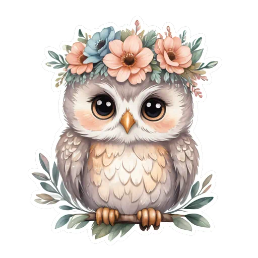 Cute watercolor baby owl with large eyes wearing a pink and blue floral crown on a white background.
