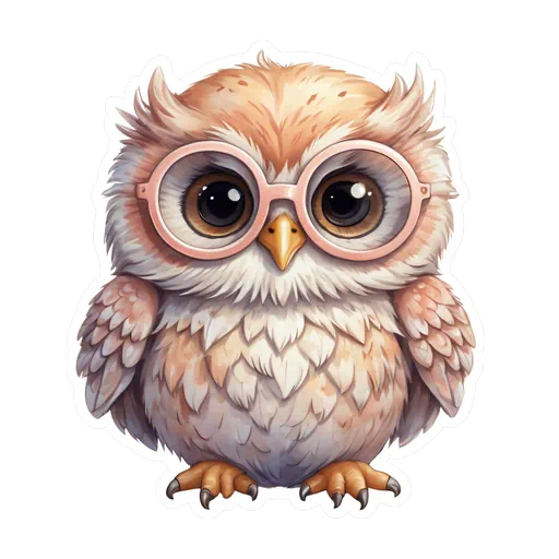 Cute watercolor baby owl with cream feathers wearing oversized pink round glasses on a white sticker background.